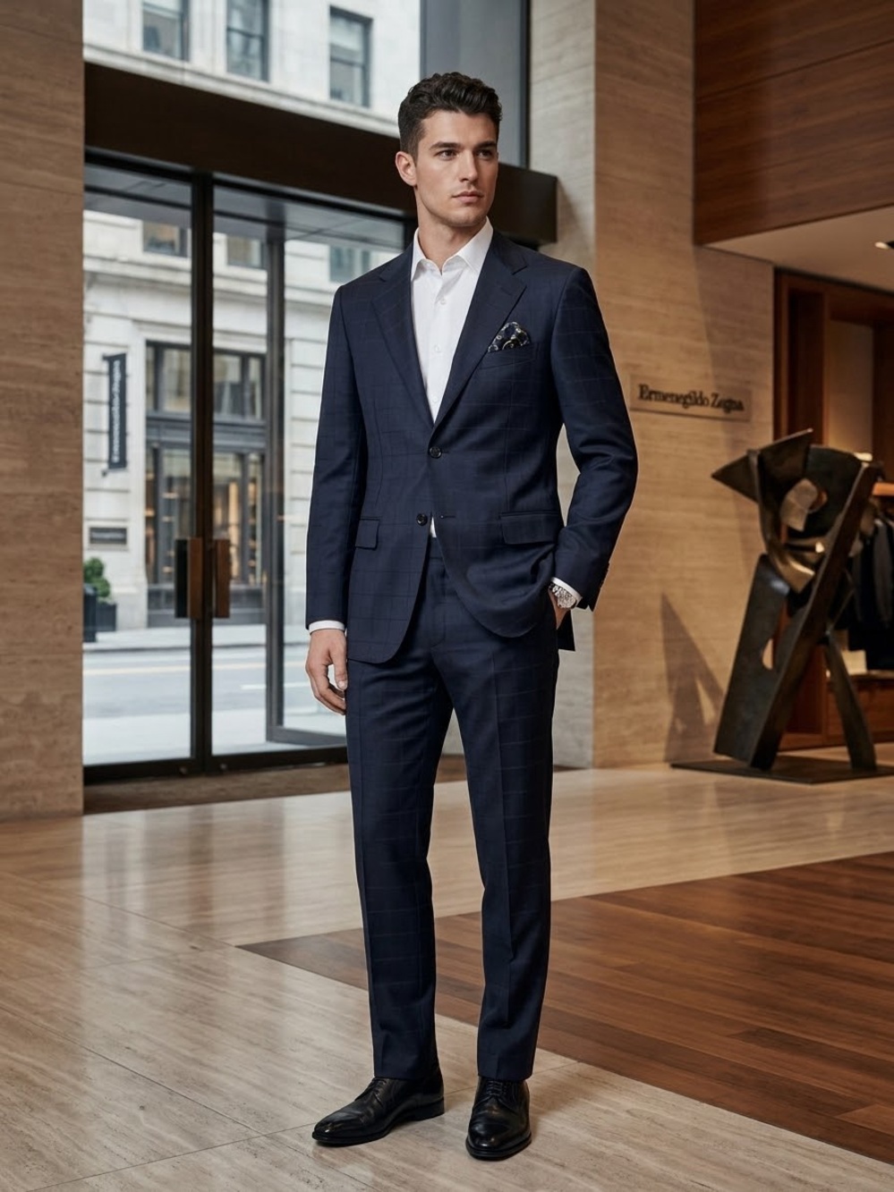 Ermenegildo Zegna Suit Jacket EU48R US 38R Navy Blue Wool Windowpane Switzerland